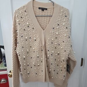 Boston Proper Cream Cardigan with Pearl Accents